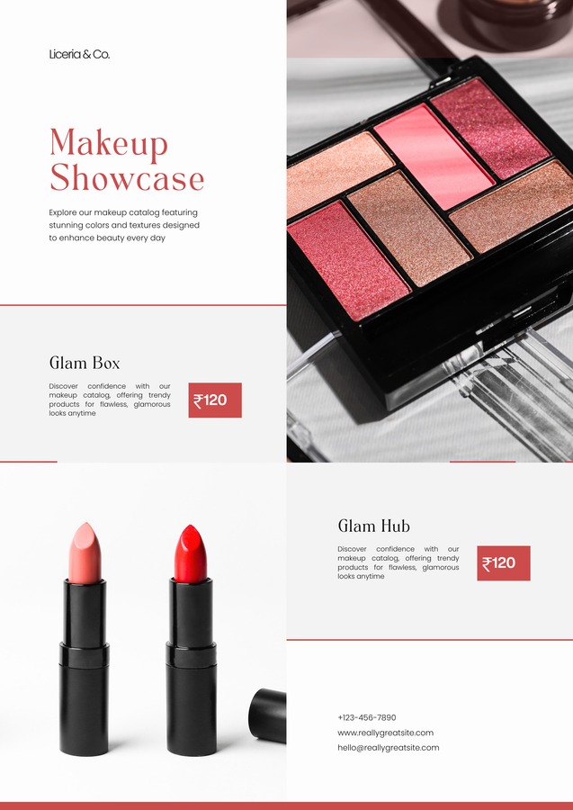 Clean editorial product catalog spread design for cosmetics brand featuring modern layouts
