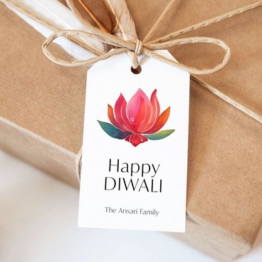 Handmade diamond-shaped floral thank you tag tied with rustic twine on linen background by Keya Meghani